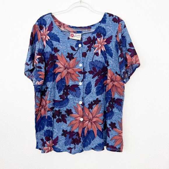 Hilo Hattie Hawaii Womens Large Blue Button Front Short Sleeve Blouse Tropical - Picture 1 of 7